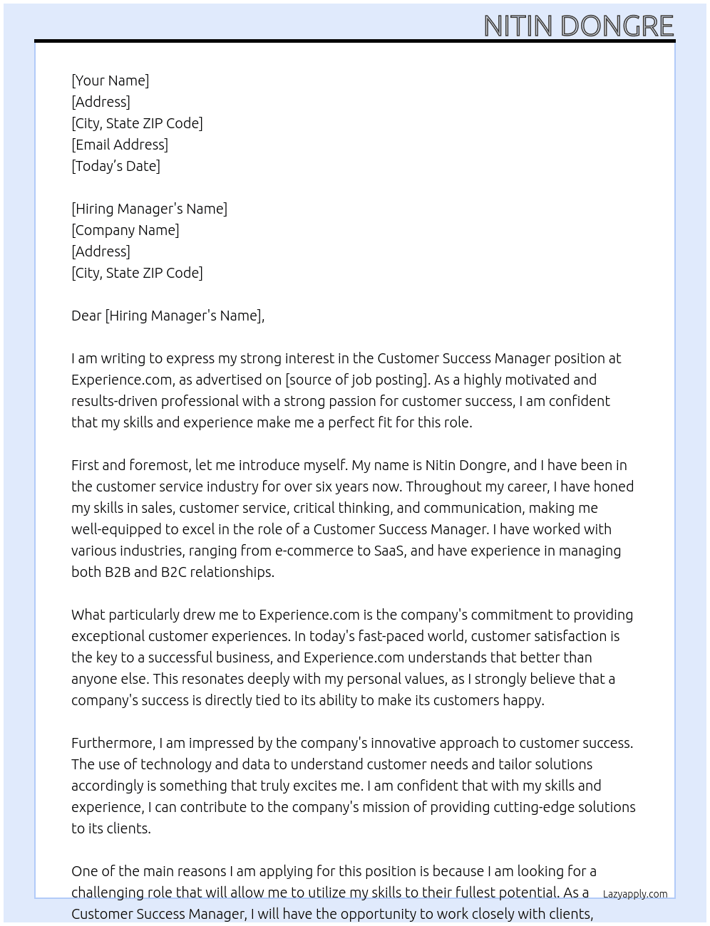 Customer success manager  At Experience.com Cover Letter