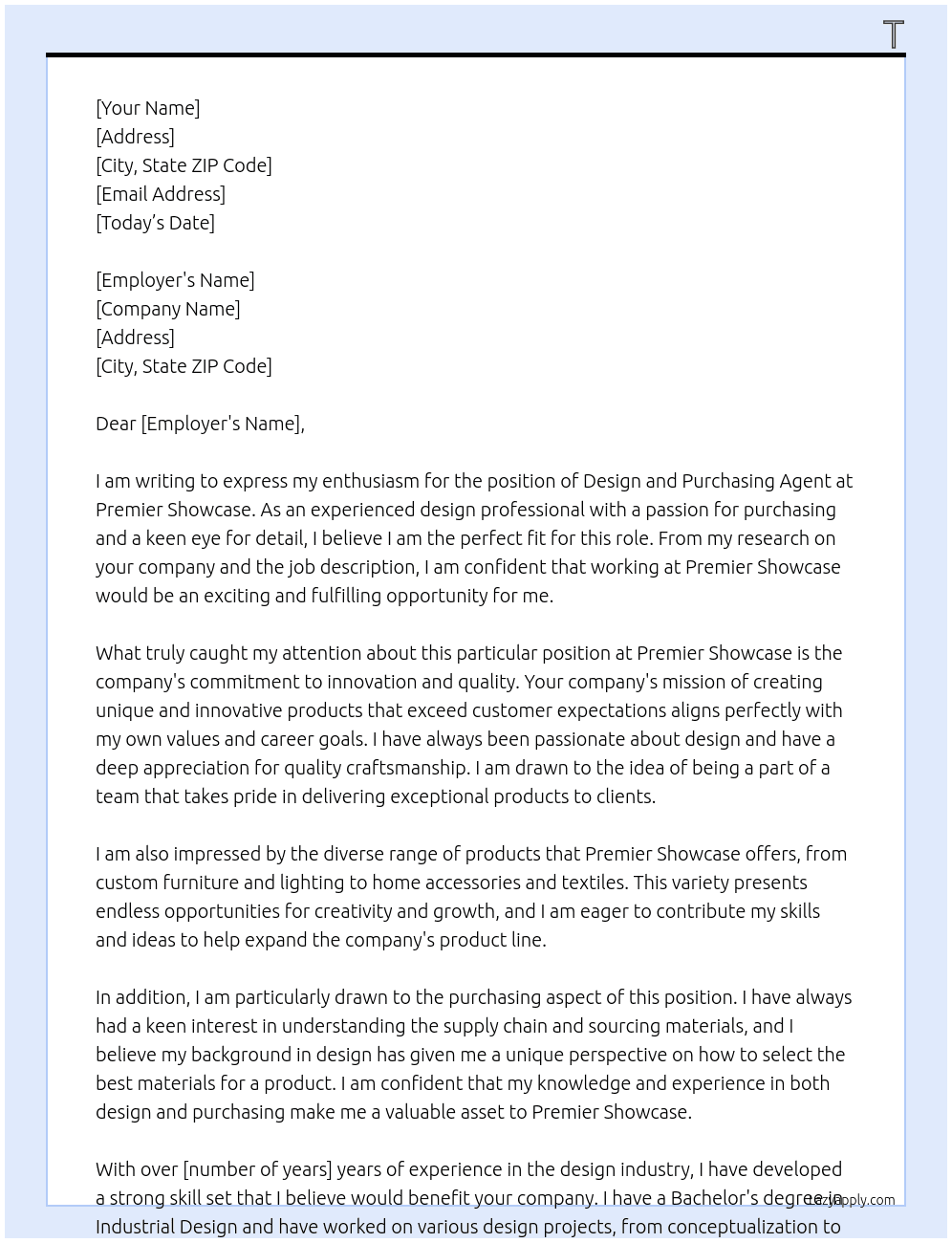 design and purchasing agent At premier showcase Cover Letter