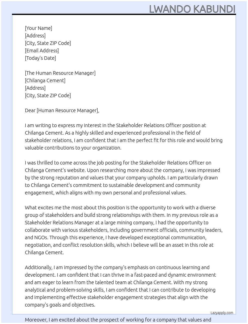 Stakeholder relations officer At Chilanga Cement Cover Letter