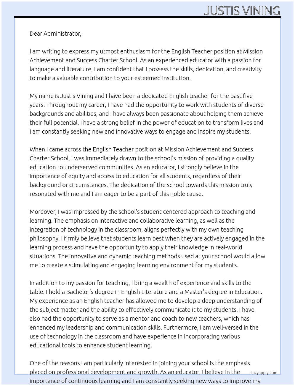 English Teacher At  Mission Achievement and Success Charter School  Cover Letter