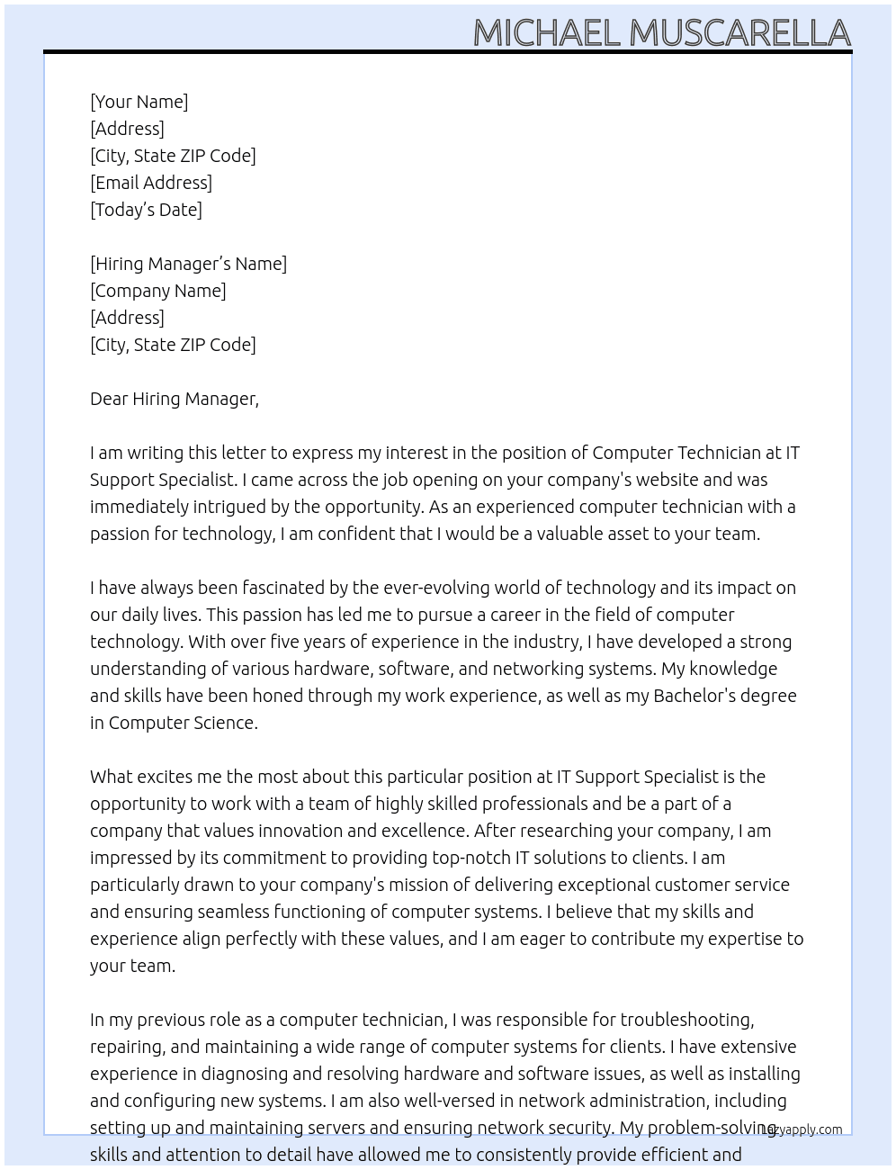 computer technincan At IT Support Specialist Cover Letter