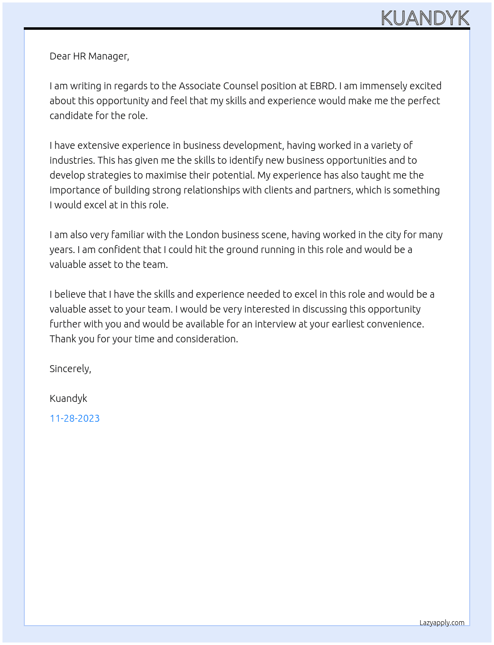 Associate Counsel At EBRD Cover Letter