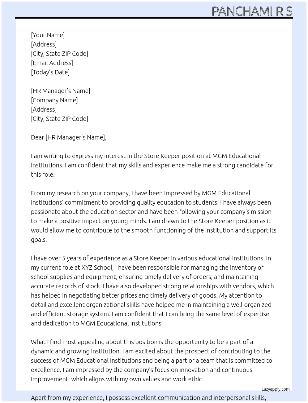Store Keeper  At MGM educational Institutions  Cover Letter