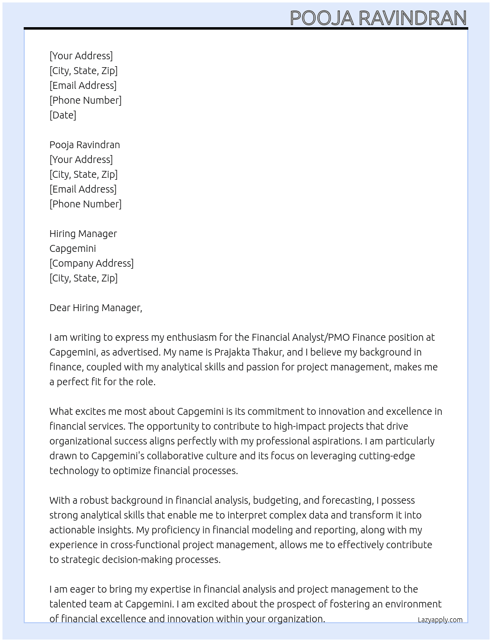 Cover letter for financial analyst/ pmo finance - LazyApply