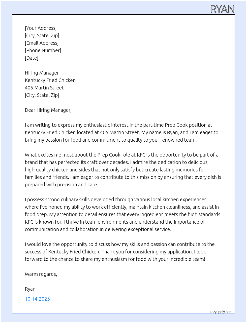 Prep Cook At Kentucky Fried Chicken Cover Letter