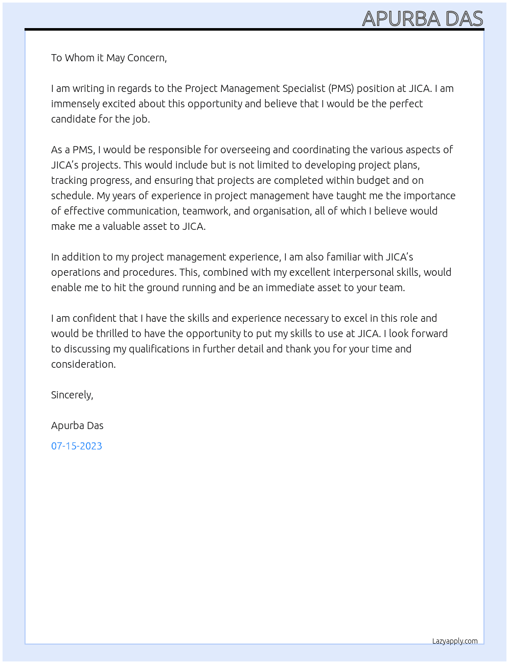 Project Management Specialist (PMS) At JICA Cover Letter