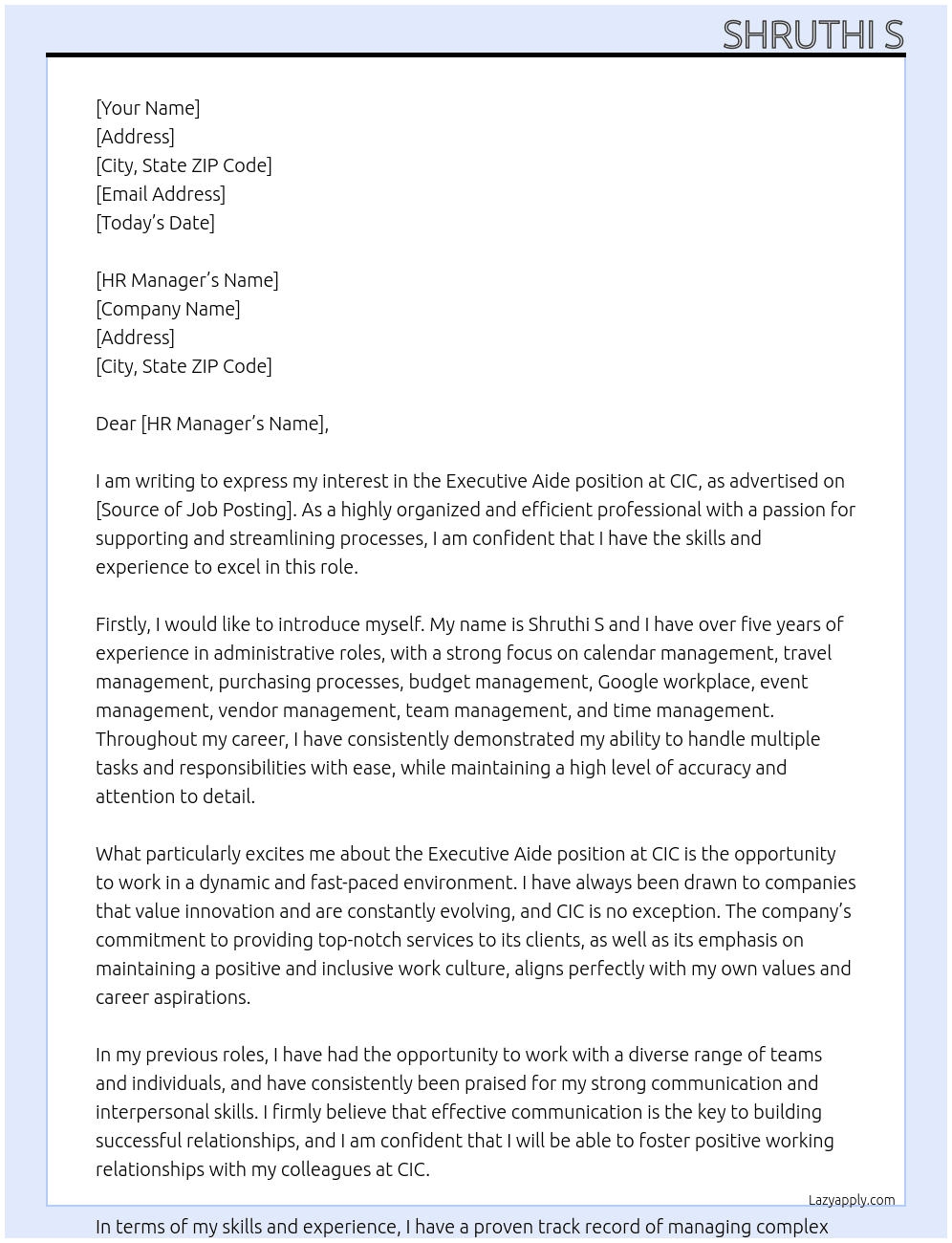 Executive Aide At CIC Cover Letter
