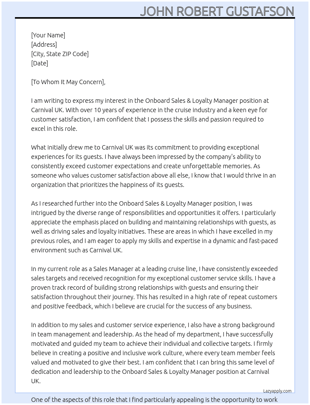 Onboard Sales & Loyalty Manager At Carnival UK Cover Letter