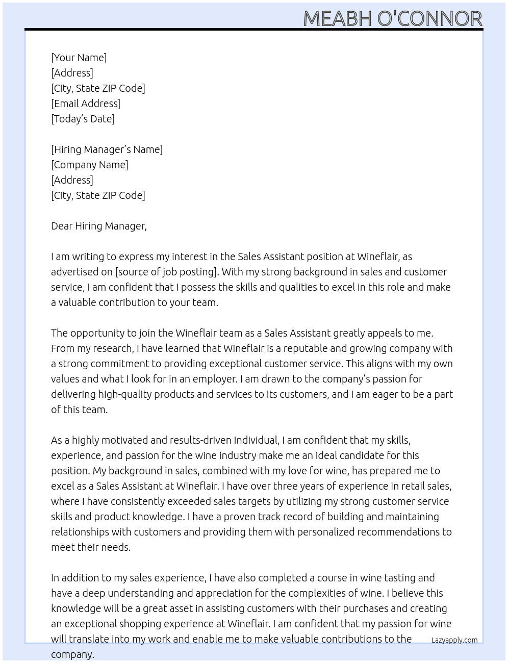 Sales Assistant At Wineflair Cover Letter