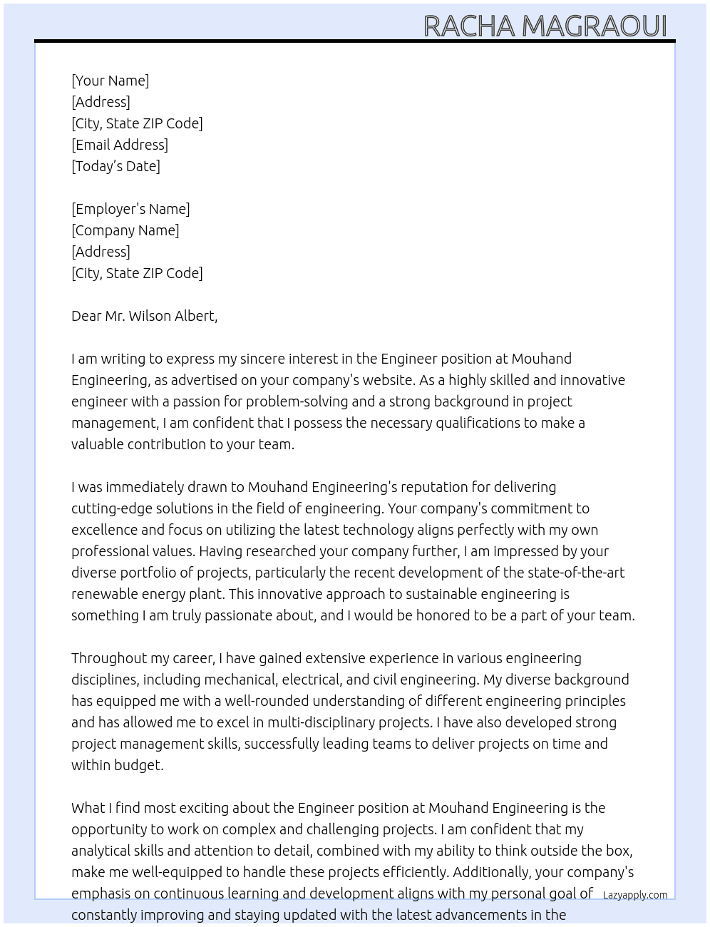 Engineer At Mouhand engineering  Cover Letter