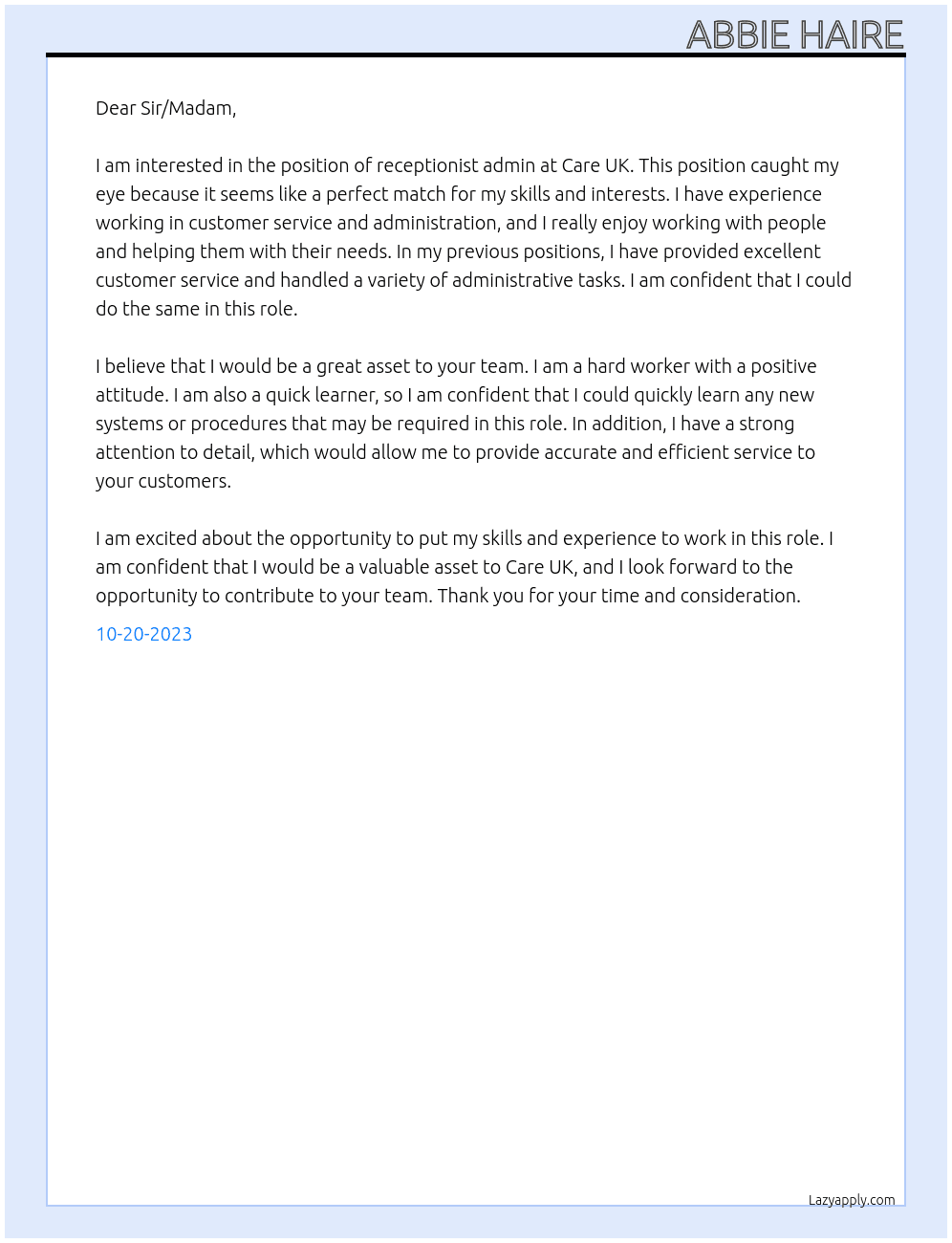 Receptionist admin At Care uk Cover Letter