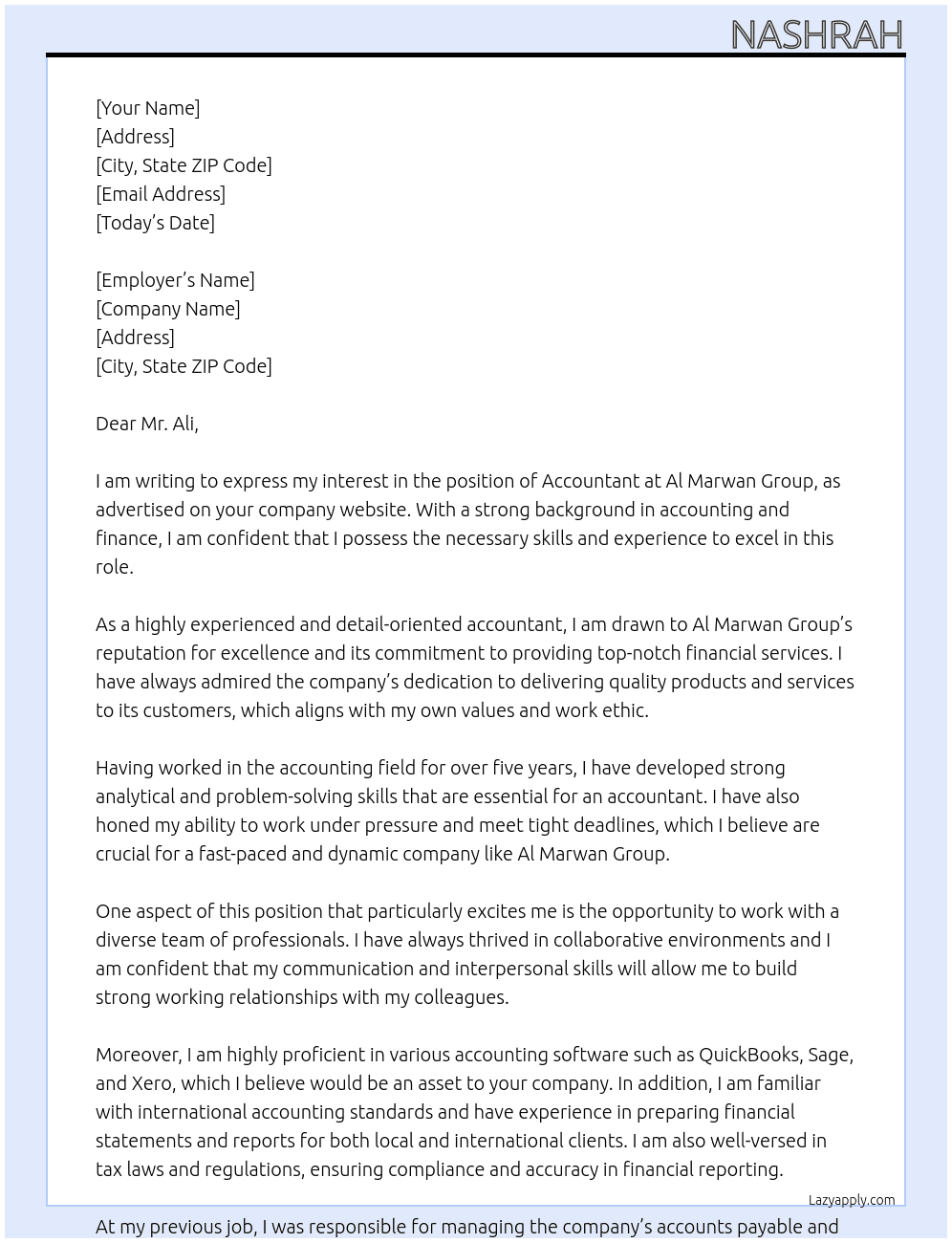Accountant At Al Marwan Group  Cover Letter