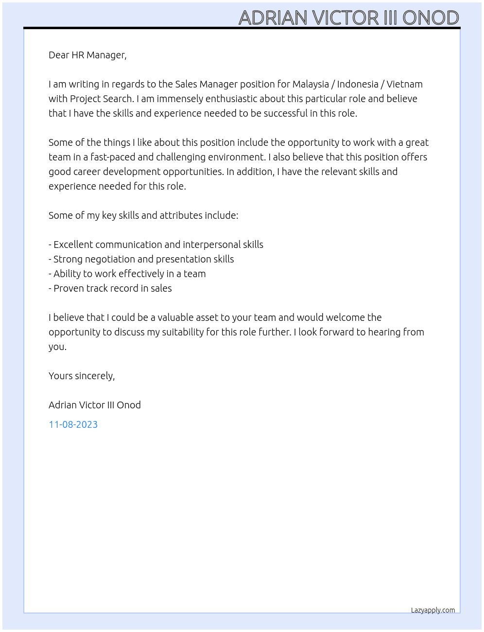 Sales Manager - Malaysia / Indonesia / Vietnam At Project Search Cover Letter