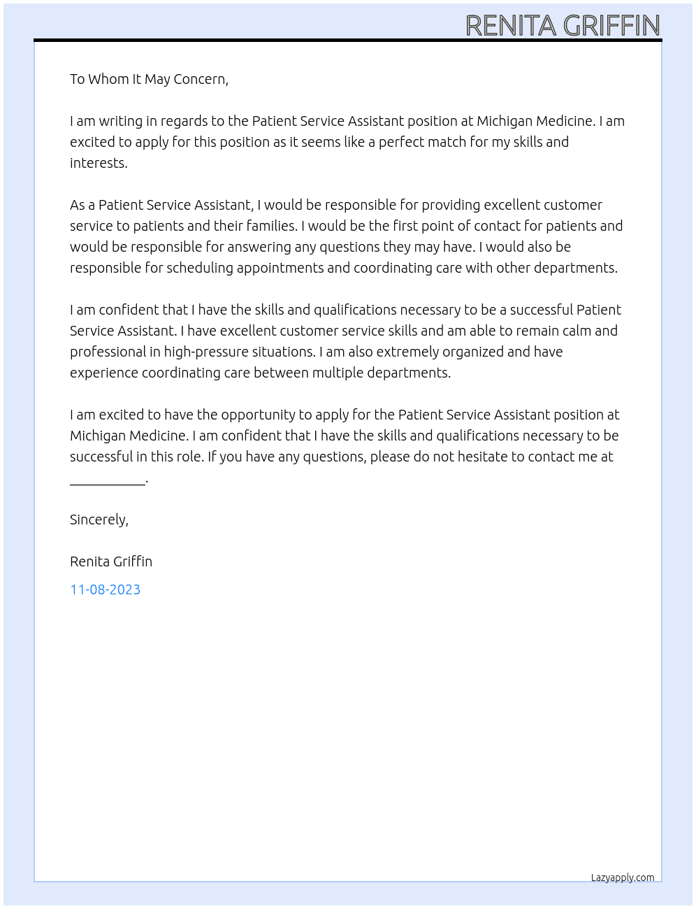 patient service assistant At Michigan Medicine Cover Letter