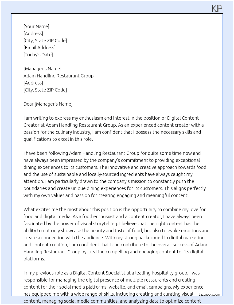 Digital Content Creator At Adam Handling Restaurant Group  Cover Letter