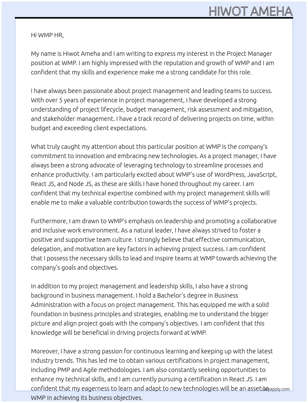 Project Manager At WMP Cover Letter
