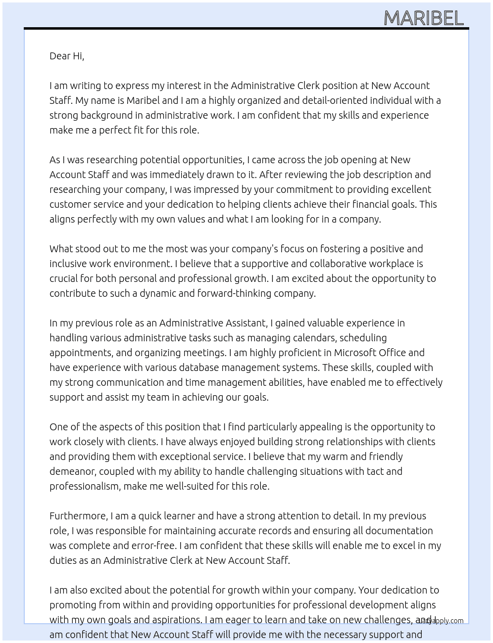 Administrative Clerk  At New account staff  Cover Letter