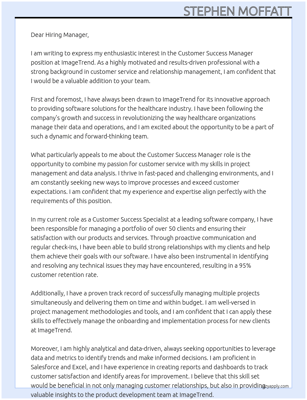 Customer Success Manager At ImageTrend Cover Letter