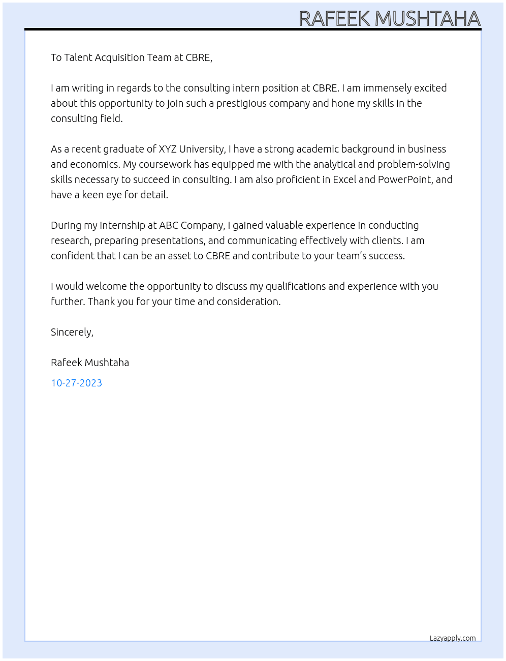 Consulting intern At CBRE Cover Letter