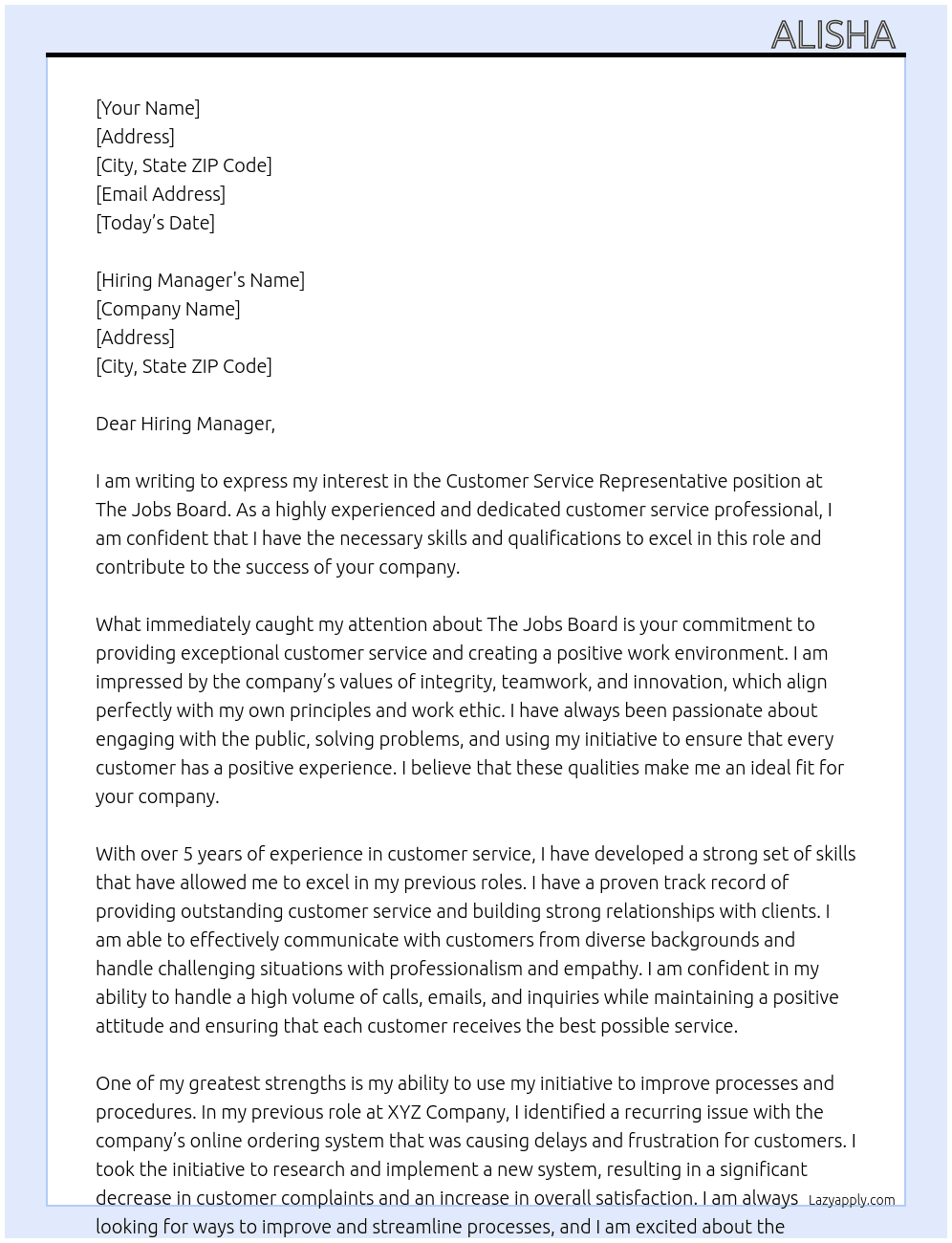 Customer service representative At The jobs board  Cover Letter
