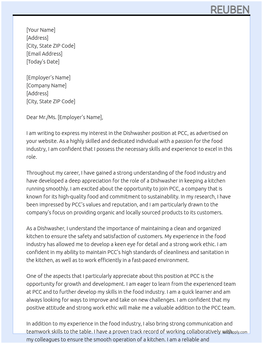 Dishwasher At PCC Cover Letter