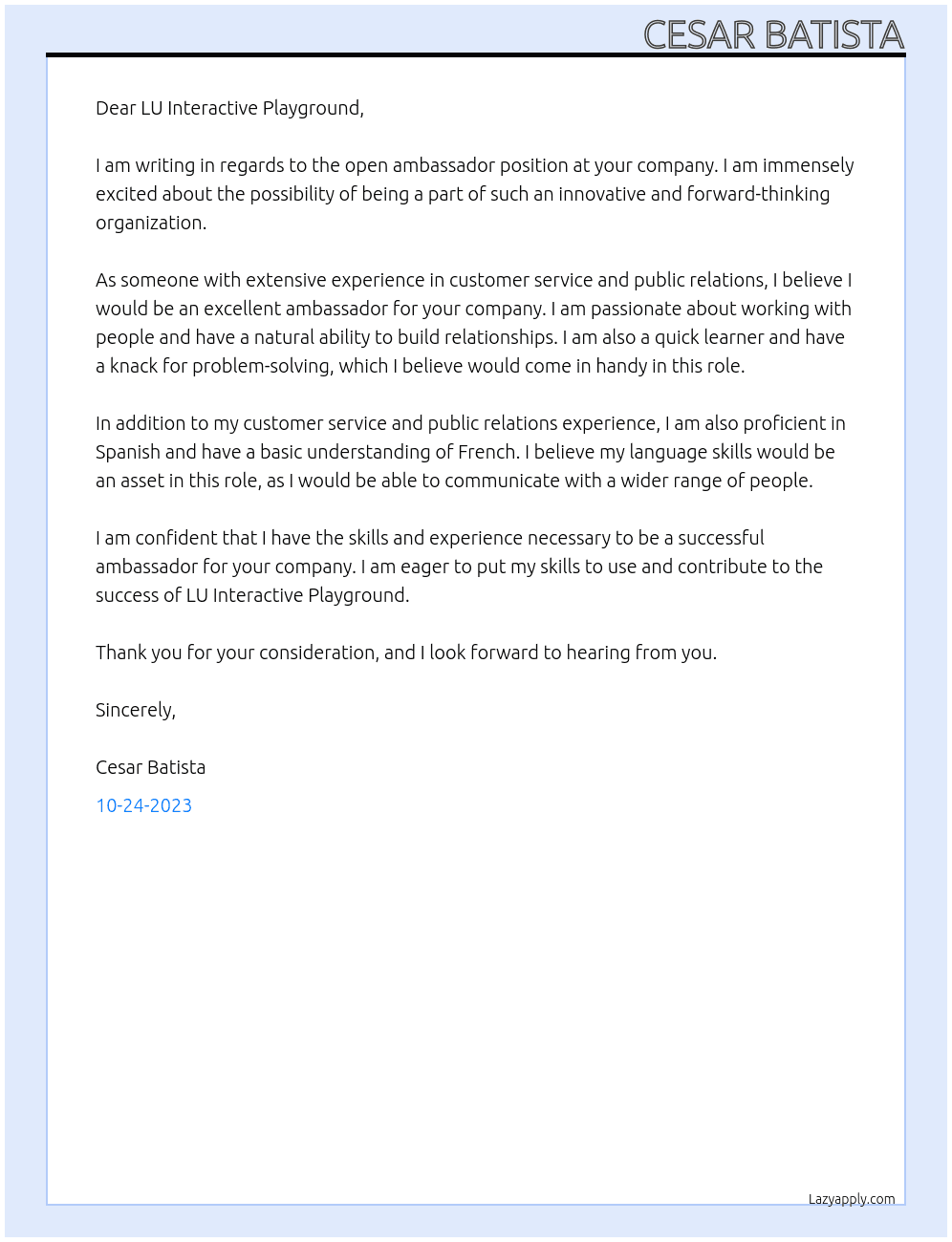 Ambassador At LU Interactive Playground Cover Letter