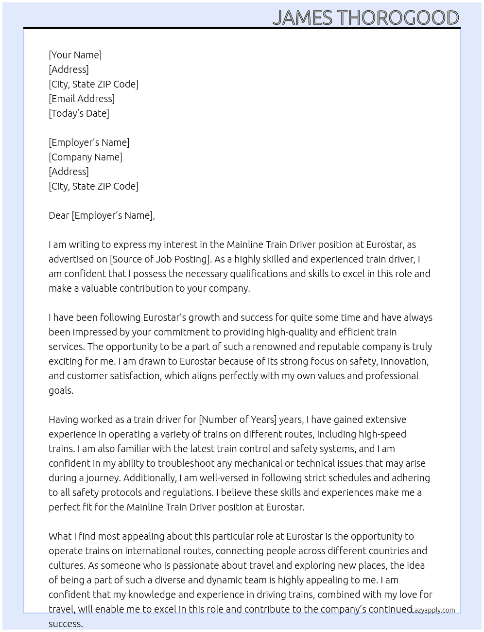 Mainline Train Driver  At Eurostar Cover Letter
