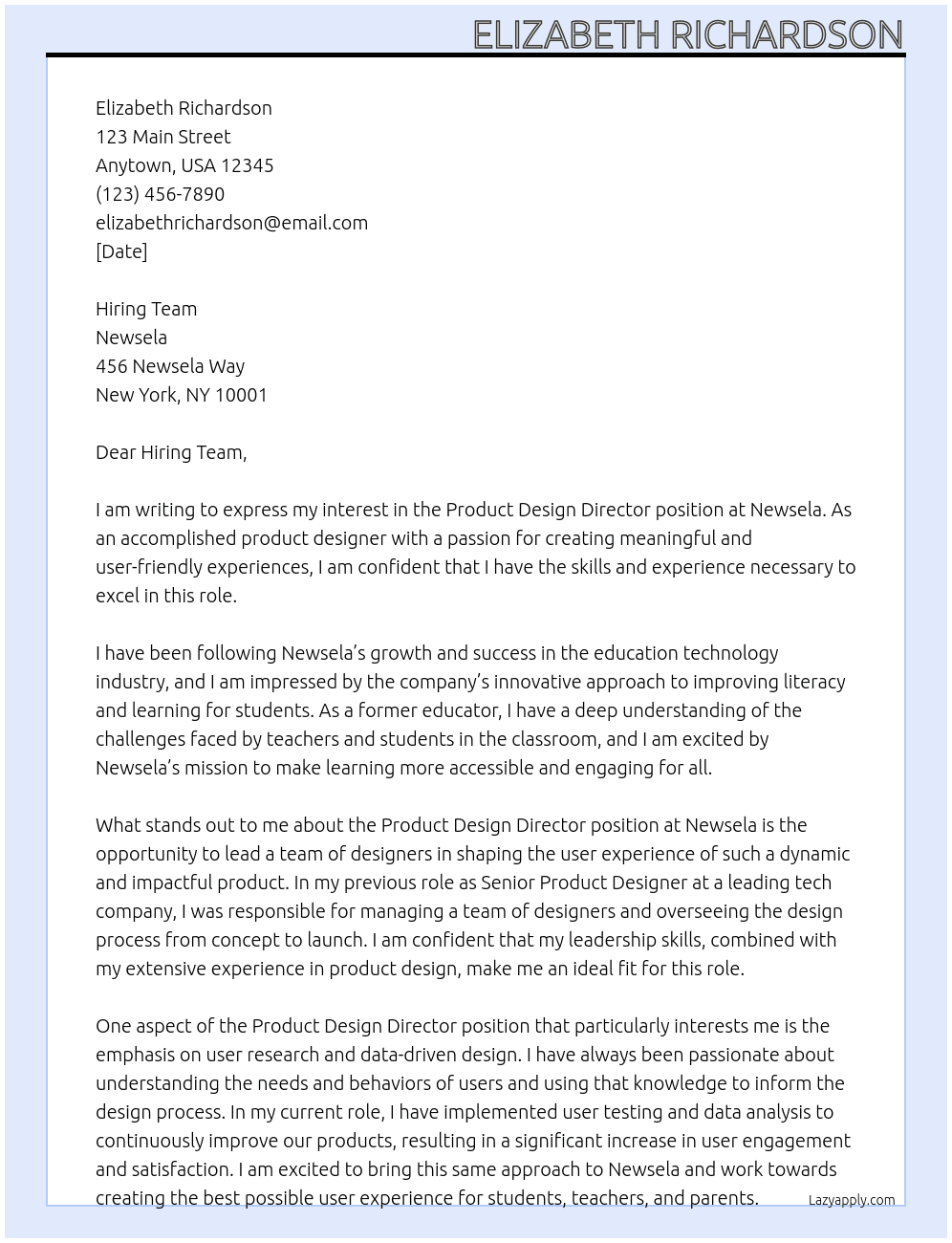 Product Design Director At Newsela Cover Letter