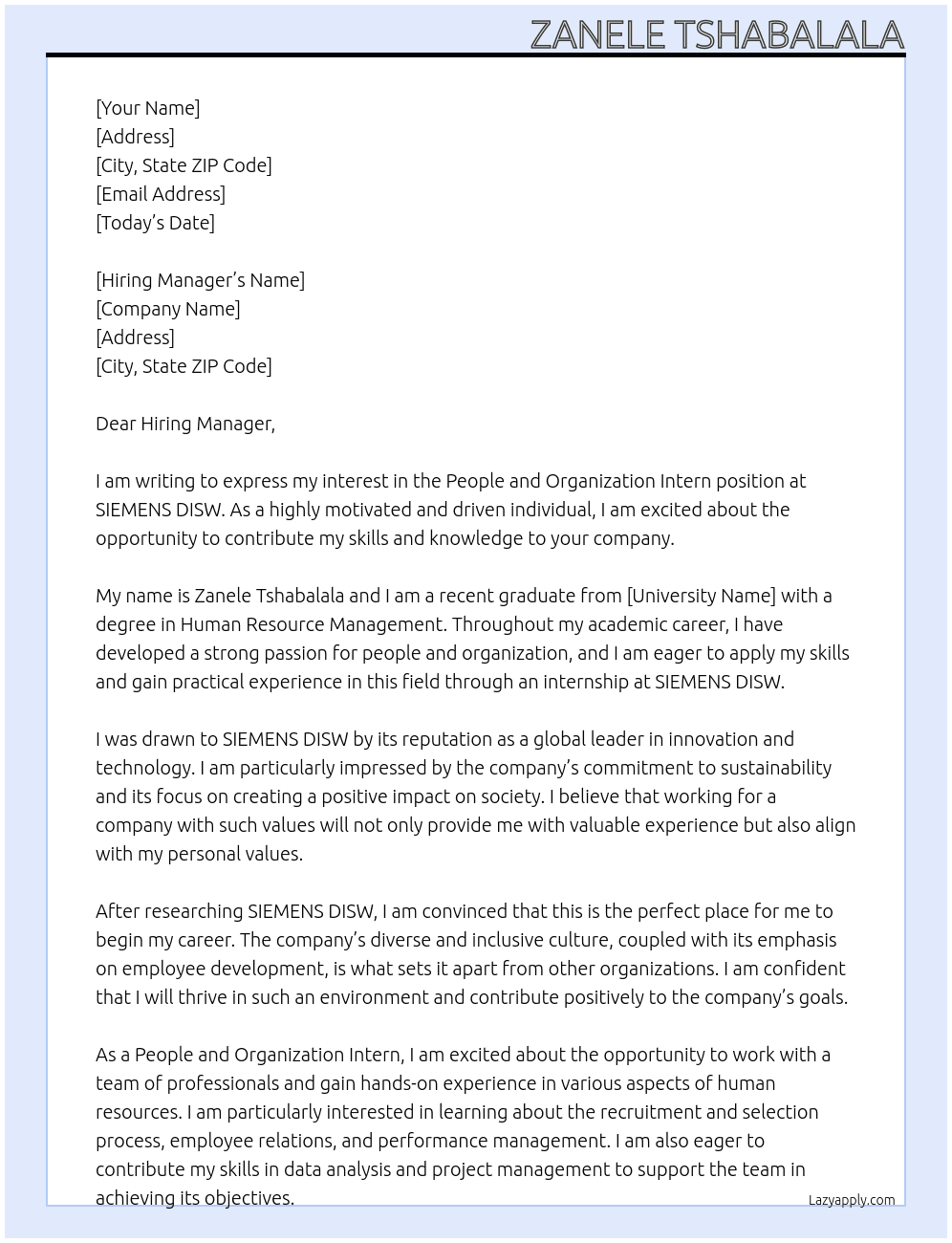 People and organization intern At SIEMENS DISW Cover Letter
