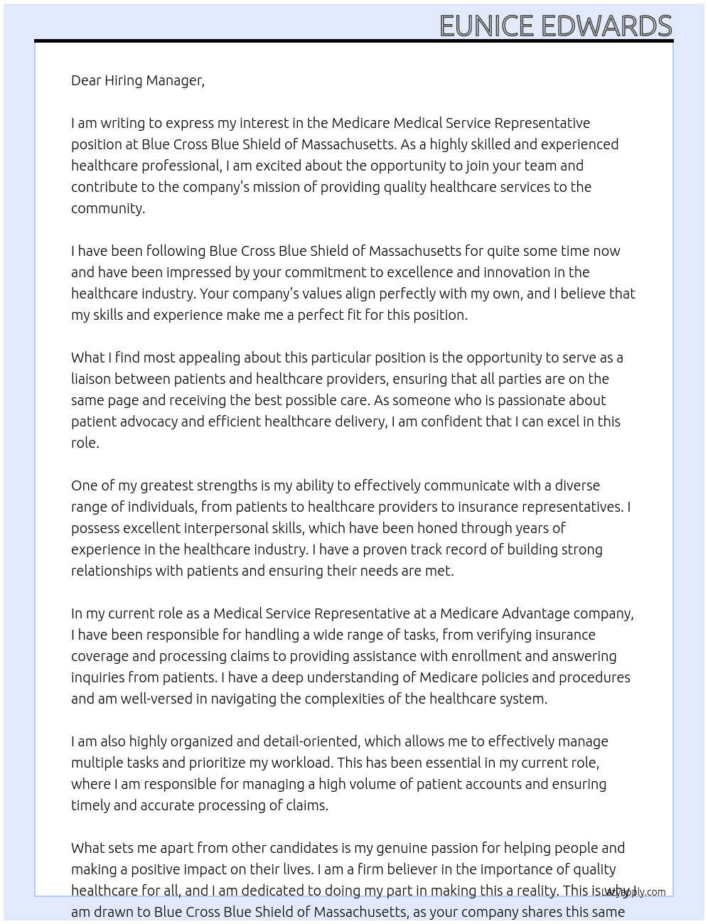 Medicare Medical Service Representative At Blue Cross Blue Shield of Massachusetts Cover Letter