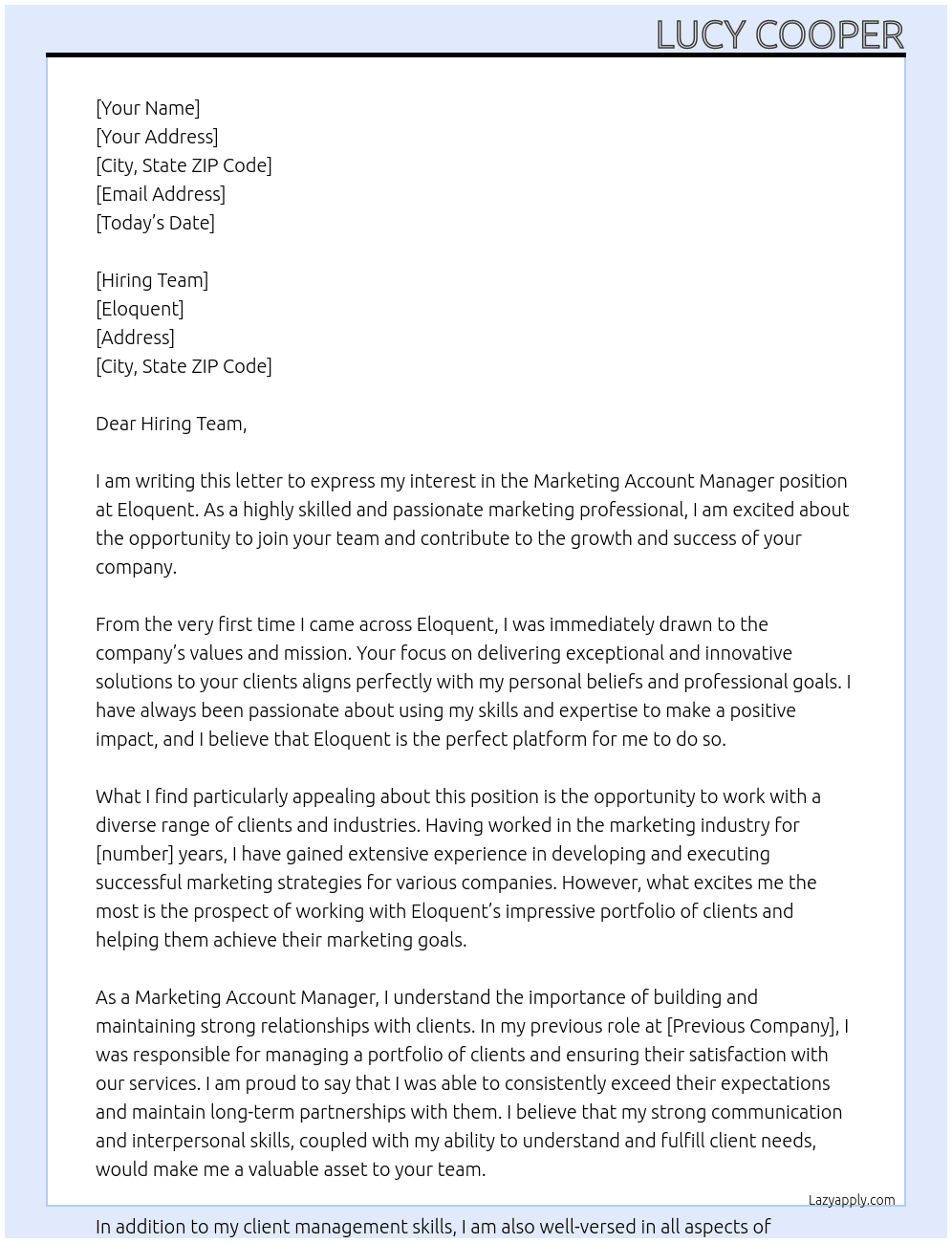 Marketing Account Manager At eloquent Cover Letter