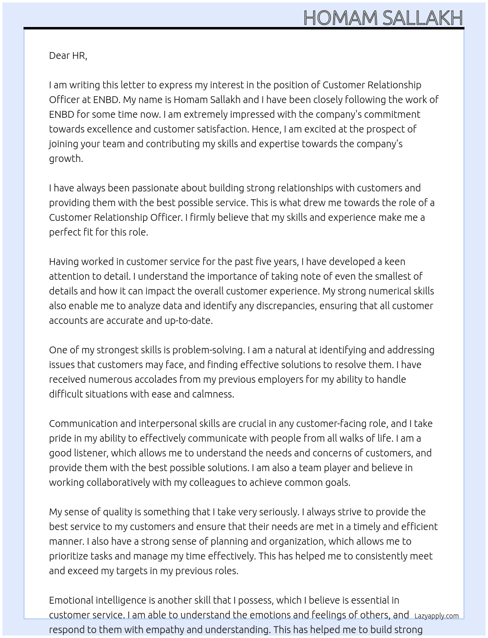 Customer relationship officer  At ENBD Cover Letter
