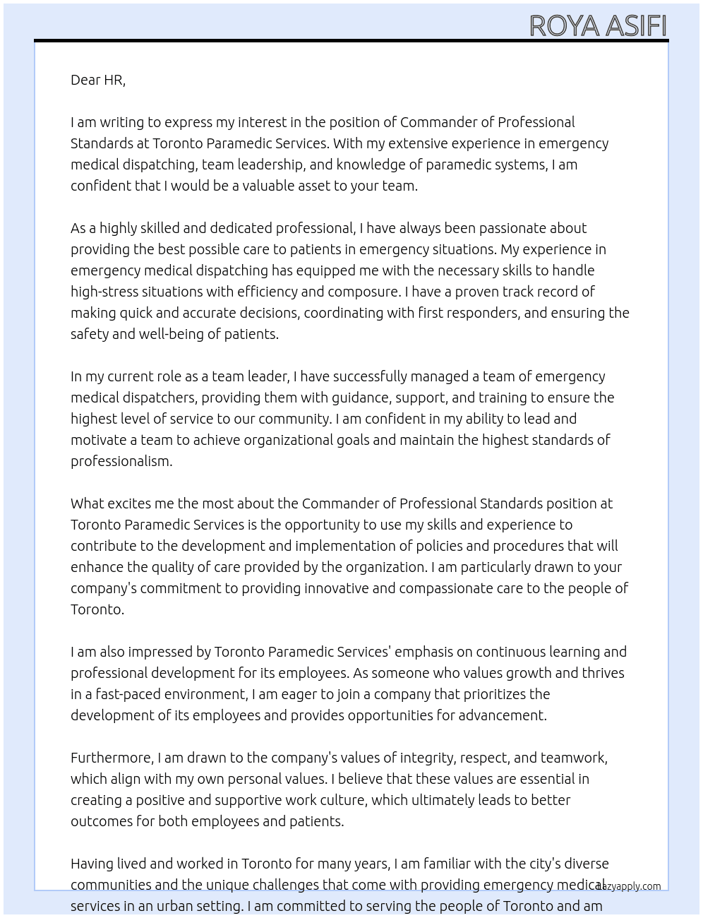 commander of professional standards At Toronto Paramedic Services Cover Letter