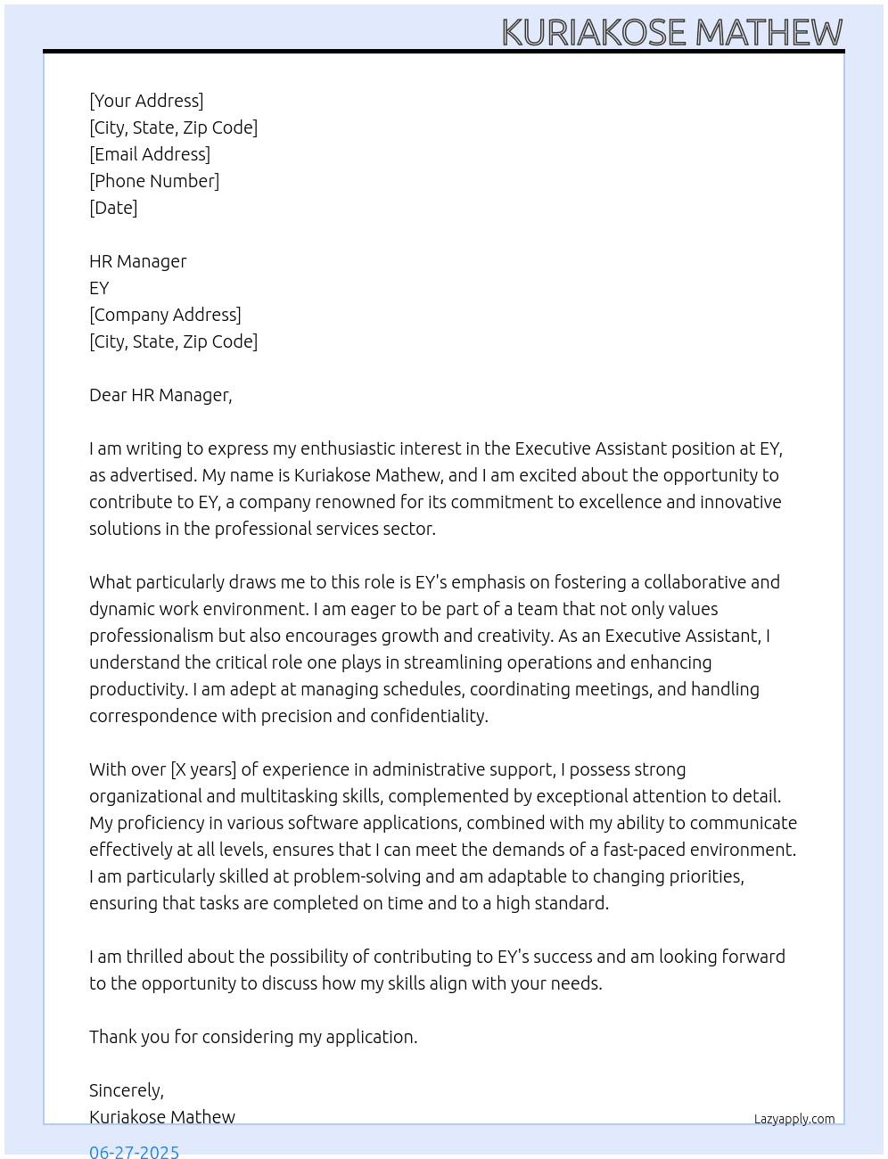 executive assistant At ey Cover Letter