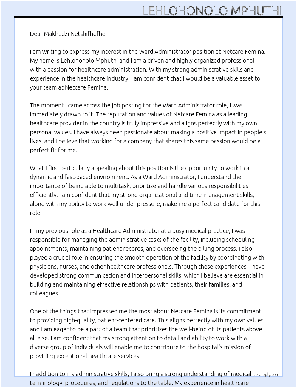 Ward Administrator At Netcare Femina Cover Letter