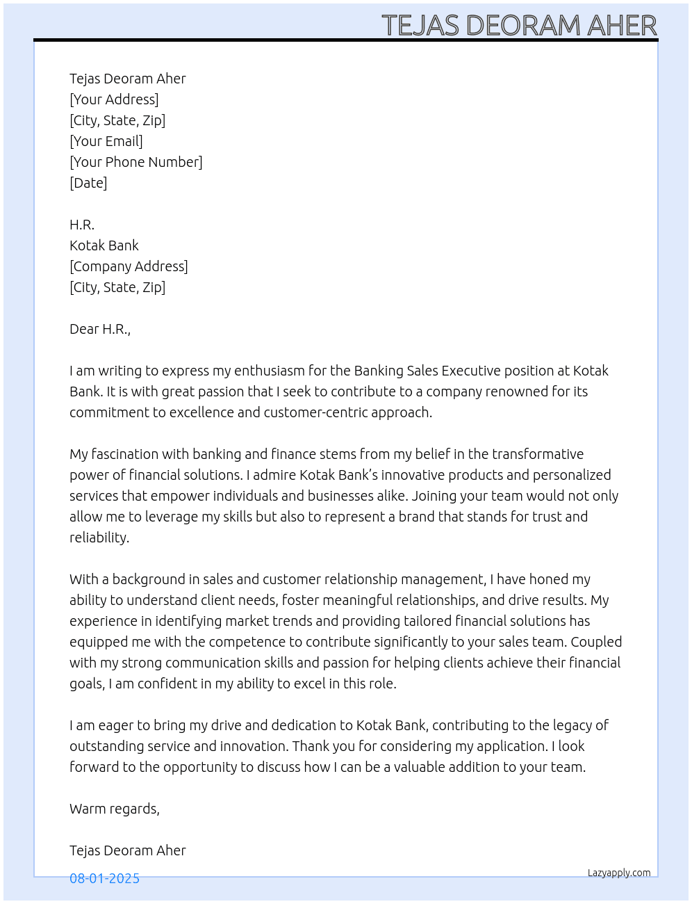 Banking sales executive At Kotak Bank Cover Letter