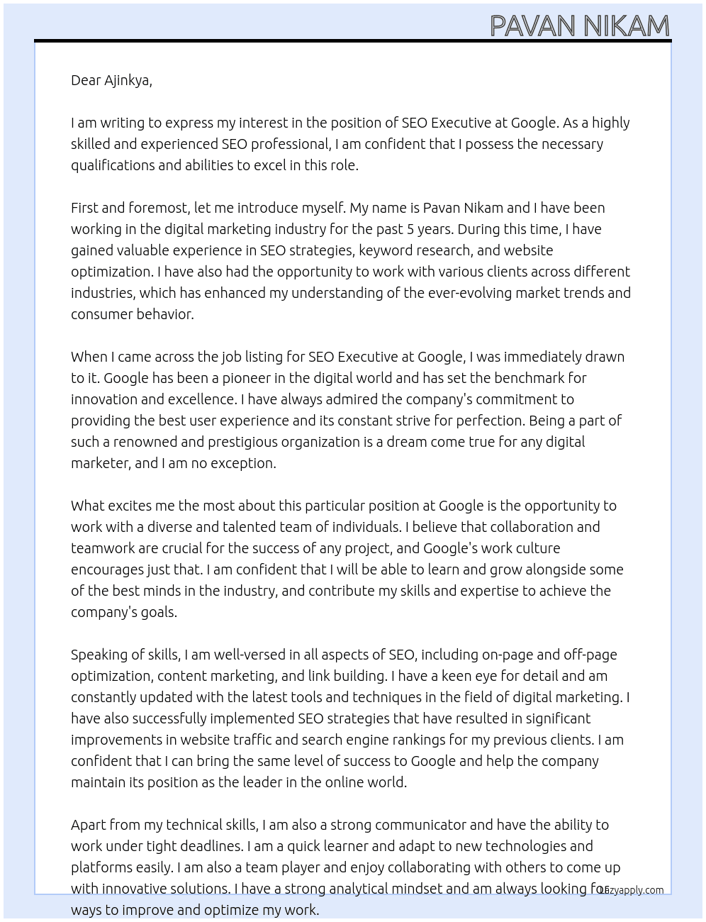 SEO Executive  At Google  Cover Letter