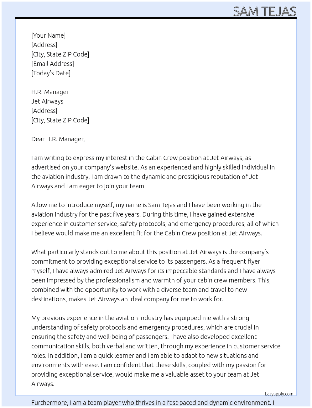 Cabin Creq At Jet Airways Cover Letter