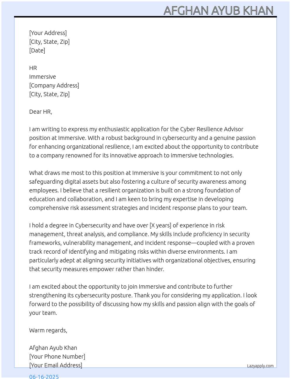 Cyber resilience advisor  At Immersive  Cover Letter