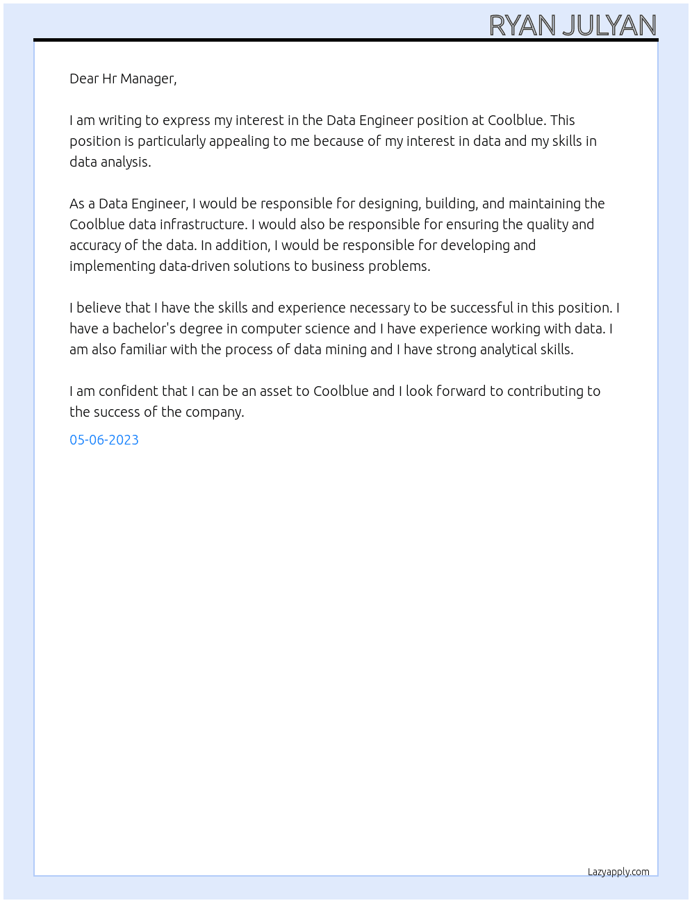Data Engineer  At Coolblue Cover Letter