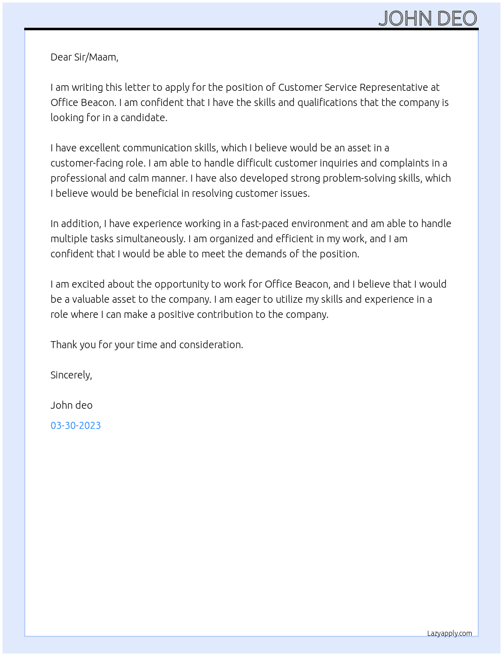 Customer Service Representative At Office Beacon Cover Letter