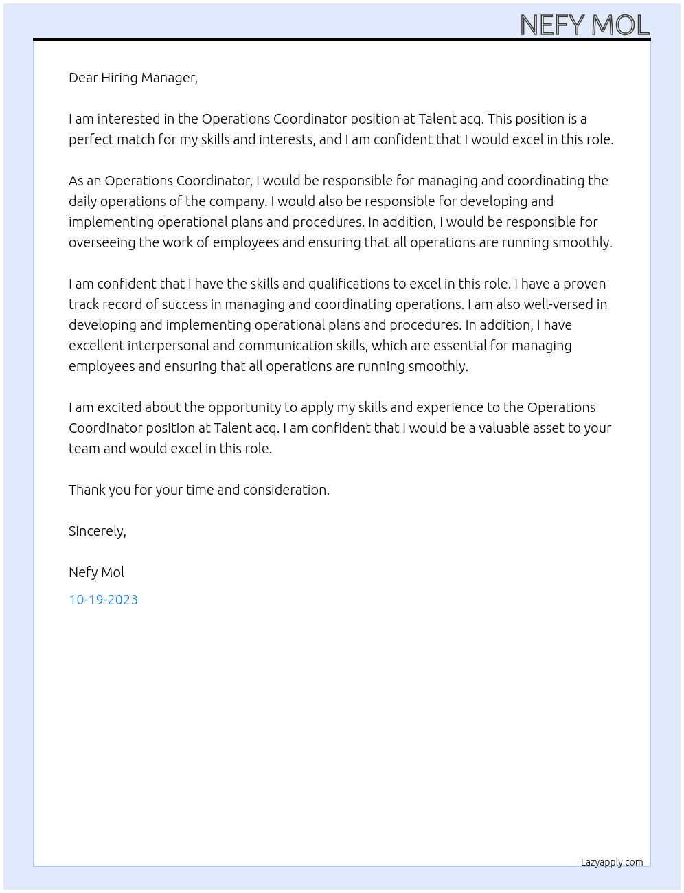 operations cordinator At Talent acq Cover Letter