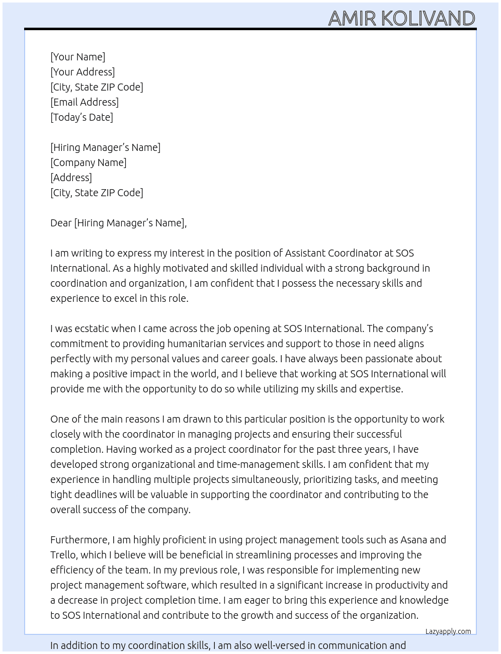 assistant coordinator At Sos international Cover Letter
