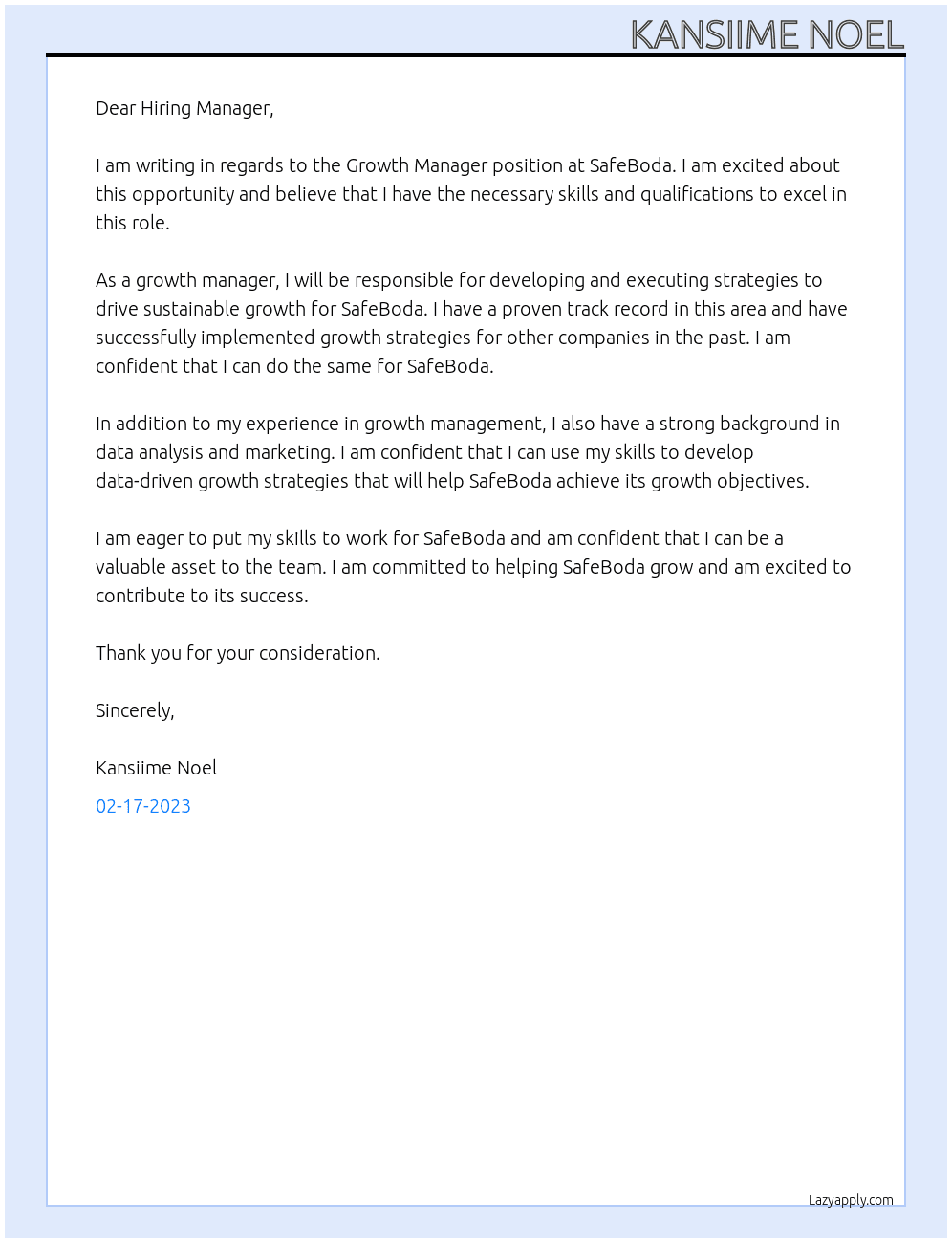 Growth Manager At SafeBoda Cover Letter
