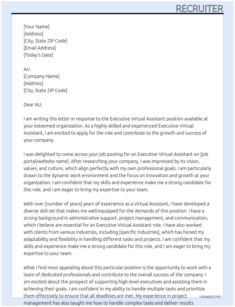 Executive Virtual Assistant At AU Cover Letter