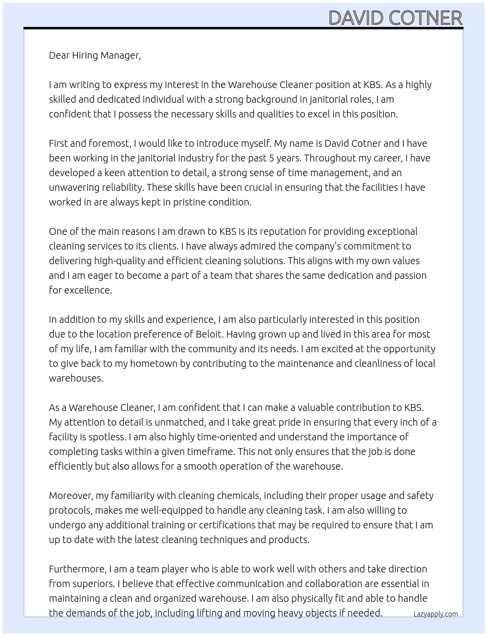 Warehouse Cleaner At KBS Cover Letter