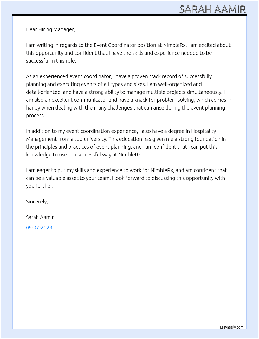 Event Coordinator At NimbleRx Cover Letter