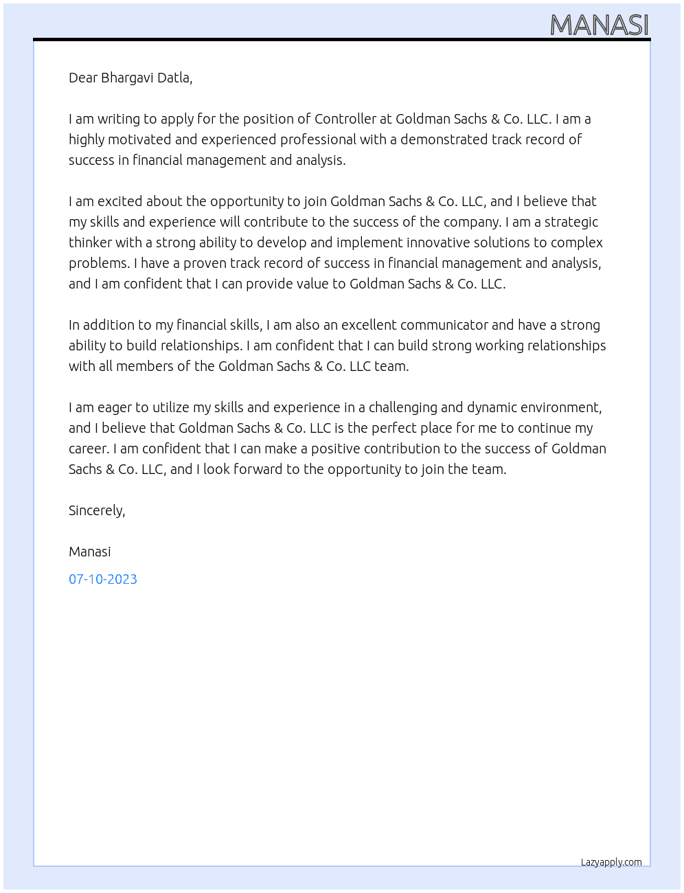 Controller At Goldman Sachs & Co. LLC Cover Letter