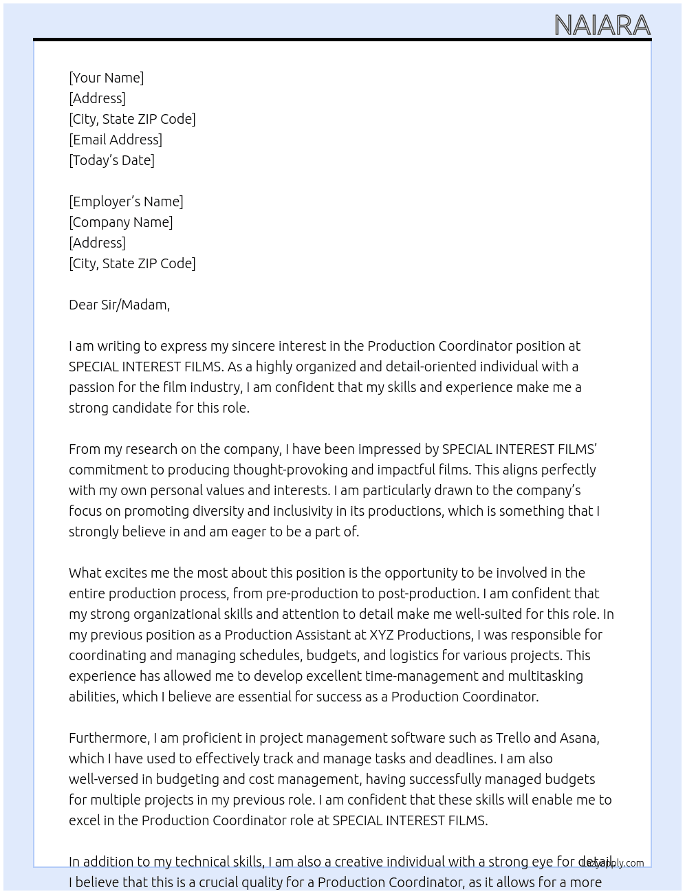 Production Coordinator At SPECIAL INTEREST FILMS Cover Letter