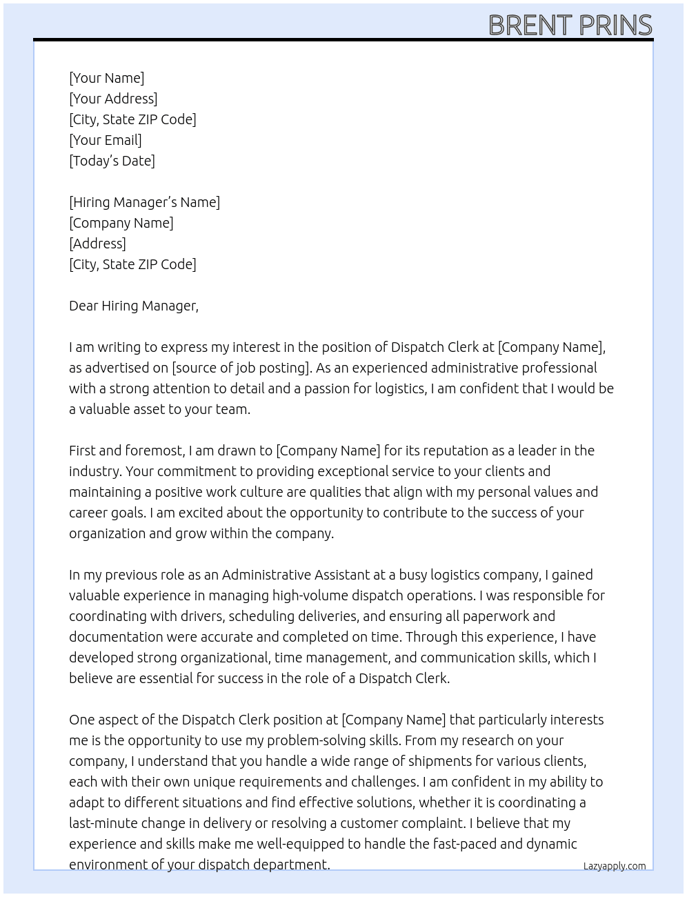 Dispatch Clerk At Dispatch Clerk Cover Letter